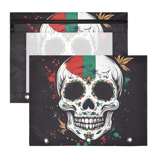 Quteprint Federmäppchen für 3-Ringbuch, mexikanische Flagge, Zuckerschädel, A4-Dokumententasche mit Reißverschluss, transparentes Fenster, langlebig, Ordner-Organizer, große Kapazität, für Schule von Quteprint