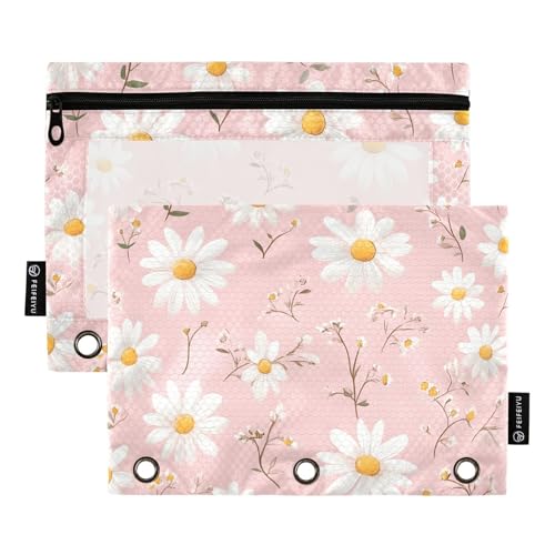 Quteprint Federmäppchen für 3-Ringbuch, niedliche Blumen, Gänseblümchen, 2 Stück, mit Reißverschluss, mit transparentem Fenster und verstärkten Ösen für Ordner, Federmäppchen, Taschen, Organizer für Quteprint Federmäppchen für 3-Ringbuch, niedliche Blumen, Gänseblümchen, 2 Stück, mit Reißverschluss, mit transparentem Fenster und verstärkten Ösen für Ordner, Federmäppchen, Taschen, Organizer für von Quteprint