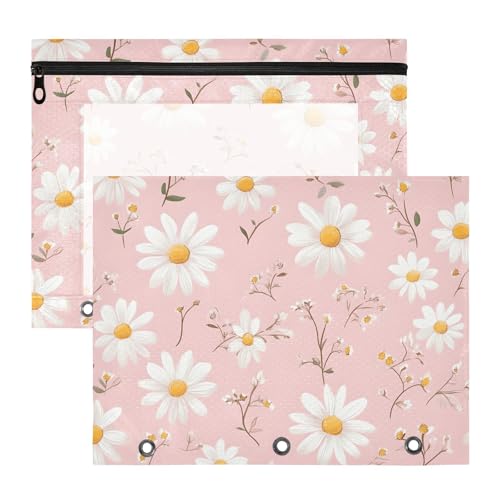 Quteprint Federmäppchen für 3-Ringbuch, niedliche Blumen, Gänseblümchen, A4-Dokumententasche mit Reißverschluss, transparentes Fenster, langlebig, große Kapazität, für Schule, Büro, Make-up, 2 Stück von Quteprint
