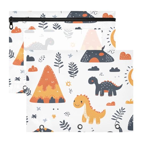 Quteprint Federmäppchen für 3-Ringbuch, niedliche Dinosaurier, Vulkane, A4-Dokumententasche mit Reißverschluss, transparentes Fenster, langlebig, Ordner-Organizer, große Kapazität, für Schule, Büro von Quteprint
