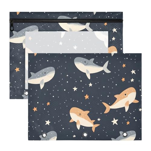 Quteprint Federmäppchen für 3-Ringbuch, niedliche Tiere, Haie, Sterne, A4-Dokumententasche mit Reißverschluss, transparentes Fenster, langlebig, Ordner-Organizer, große Kapazität, für Schule, Büro von Quteprint