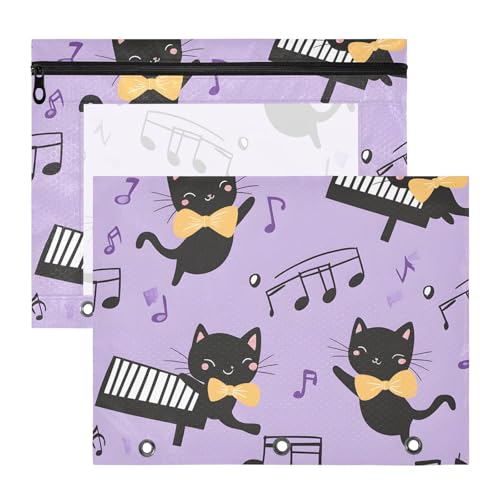 Quteprint Federmäppchen für 3-Ringbuch, niedliche schwarze Katzen, Musik-Klavier-Binder, Federmäppchen, A4-Dokumententasche mit Reißverschluss, transparentes Fenster, langlebig, Ordner-Organizer von Quteprint