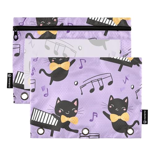 Quteprint Federmäppchen für 3-Ringbuch, niedliche schwarze Katzen, Musikklavier, 2 Stück, Reißverschluss, Federmäppchen mit transparentem Fenster und verstärkten Ösen für Ordner, Federmäppchen von Quteprint