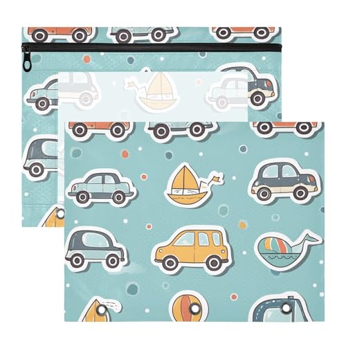 Quteprint Federmäppchen für 3-Ringbuch, niedliches Auto, Fahrzeuge, A4-Dokumententasche mit Reißverschluss, transparentes Fenster, langlebig, Ordner-Organizer, große Kapazität, für Schule, Büro von Quteprint