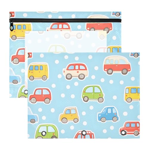 Quteprint Federmäppchen für 3-Ringbuch, niedliches Cartoon-Auto-Muster, A4-Dokumententasche mit Reißverschluss, transparentes Fenster, langlebig, Ordner-Organizer, große Kapazität, für Schule, Büro von Quteprint