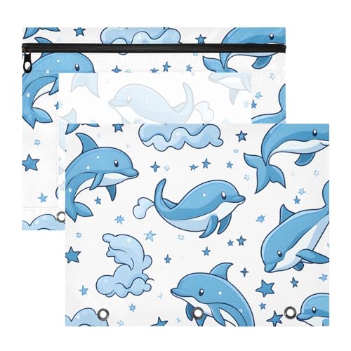 Quteprint Federmäppchen für 3-Ringbuch, niedliches Delfin-Stern-Binder-Federmäppchen, A4-Dokumententasche mit Reißverschluss, transparentes Fenster, langlebig, Ordner-Organizer, große Kapazität für von Quteprint