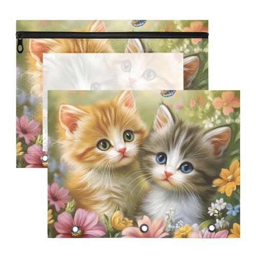 Quteprint Federmäppchen für 3-Ringordner, Garten, Schmetterling, Blumen, niedliche Katzen, A4-Dokumententasche mit Reißverschluss, transparentes Fenster, langlebig, Ordner-Organizer, große Kapazität von Quteprint