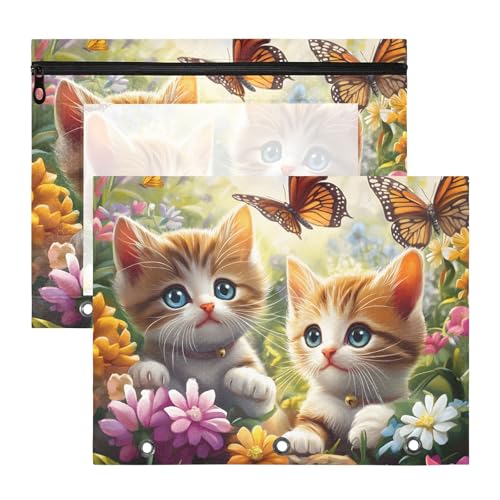 Quteprint Federmäppchen für 3-Ringordner, Garten, niedliche Katzen, Schmetterling, Blumen, A4, Dokumententasche mit Reißverschluss, transparentes Fenster, langlebig, Ordner-Organizer, große Kapazität von Quteprint