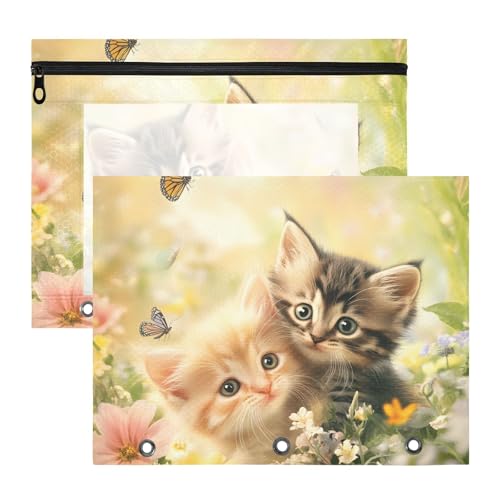Quteprint Federmäppchen für 3-Ringordner, Garten, niedliche Katzen, Schmetterling, Blumen, A4, Dokumententasche mit Reißverschluss, transparentes Fenster, langlebig, Ordner-Organizer, große Kapazität von Quteprint