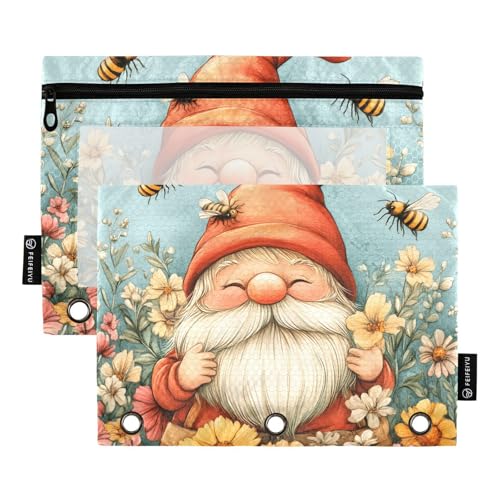 Quteprint Federmäppchen für 3-Ringordner, Garten-Bienen, Blumen, Zwerg, 2 Stück, Reißverschluss, Federmäppchen mit transparentem Fenster und verstärkten Ösen für Ordner, Federmäppchen, Taschen von Quteprint