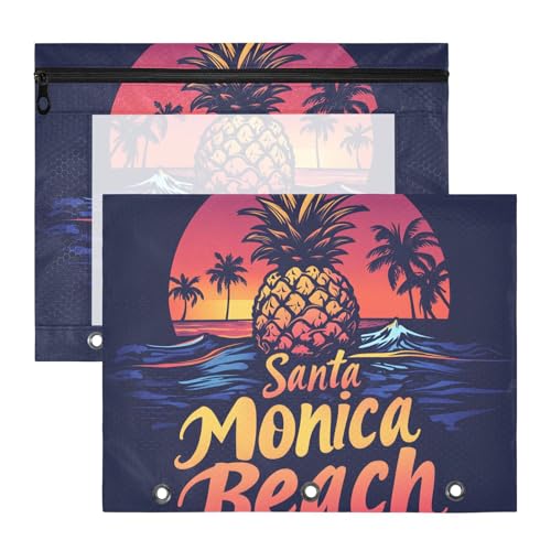 Quteprint Federmäppchen für 3-Ringordner, Meer, Strand, Ananas, Palmen, A4-Dokumententasche mit Reißverschluss, transparentes Fenster, langlebig, Ordner-Organizer, große Kapazität, für Schule, Büro von Quteprint