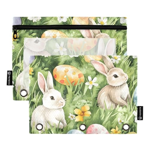 Quteprint Federmäppchen für 3-Ringordner, Osterhasen, Blumen, Eier, 2 Stück, Reißverschluss, Federmäppchen mit transparentem Fenster und verstärkten Ösen für Ordner, Federmäppchen, Taschen, Organizer von Quteprint