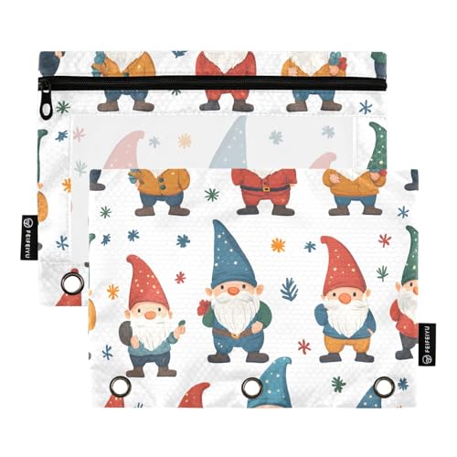 Quteprint Federmäppchen für 3-Ringordner, Weihnachts-Cartoon-Zwerge, 2 Stück, Reißverschluss, Federmäppchen mit transparentem Fenster und verstärkten Ösen für Ordner, Federmäppchen, Taschen, Organizer von Quteprint