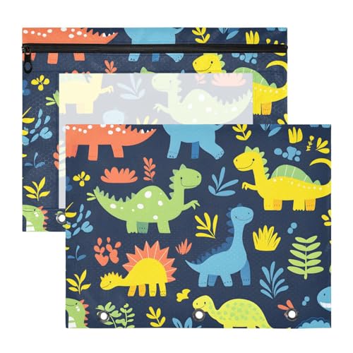 Quteprint Federmäppchen für 3-Ringordner, bunte Tier-Dinosaurier-Dino-Ordner, Federmäppchen, A4-Dokumententasche mit Reißverschluss, transparentes Fenster, langlebig, Ordner-Organizer, große Kapazität von Quteprint