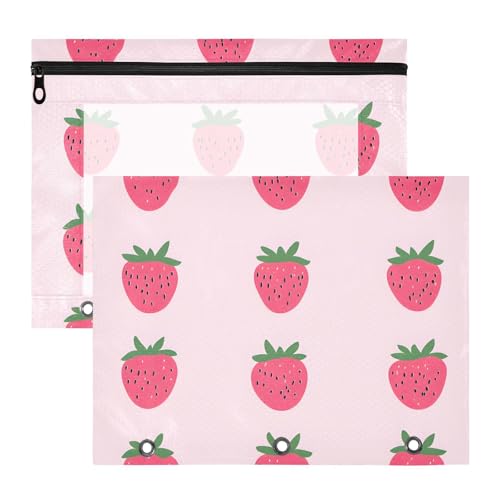 Quteprint Federmäppchen für 3-Ringordner, rosa Erdbeer-Muster, A4-Dokumententasche mit Reißverschluss, transparentes Fenster, langlebig, Ordner-Organizer, große Kapazität, für Schule, Büro, Make-up, 2 von Quteprint