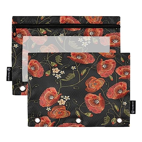 Quteprint Federmäppchen im Vintage-Stil, rote Mohnblumen, für 3-Ringordner, 2 Stück, Reißverschluss-Federmäppchen mit transparentem Fenster, Federmäppchen, Ordnertaschen, Organizer-Tasche für Büro, von Quteprint