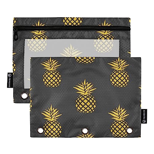 Quteprint Federmäppchen mit Ananas-Früchten für 3-Ringordner, 2 Stück, Reißverschluss, Federmäppchen mit transparentem Fenster, Federmäppchen, Ordnertaschen, Organizer-Tasche für Büro, Zuhause, von Quteprint