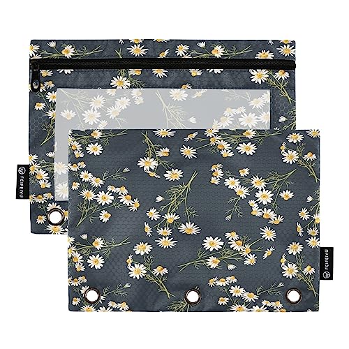 Quteprint Federmäppchen mit Blumenmuster und Gänseblümchen, für 3-Ringordner, 2 Stück Reißverschluss-Federmäppchen mit transparentem Fenster, Federmäppchen, Ordnertaschen, Organizer-Tasche für Büro, von Quteprint