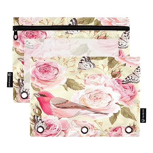 Quteprint Federmäppchen mit Blumenmuster und Rosen und Vögeln für 3-Ringordner, 2 Stück Reißverschluss-Federmäppchen mit transparentem Fenster, Federmäppchen, Ordnertaschen, Organizer-Etui für Büro, von Quteprint