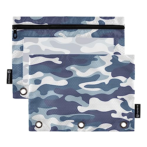 Quteprint Federmäppchen mit Camouflage-Muster, Militärblau, für 3-Ringordner, 2 Stück, Reißverschluss, Federmäppchen mit transparentem Fenster, Federmäppchen, Ordnertaschen, Organizer für Büro, von Quteprint