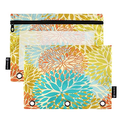 Quteprint Federmäppchen mit Chrysanthemen-Motiv, Orange / Blau, für 3-Ringordner, 2 Stück, Reißverschluss, mit transparentem Fenster, Federmäppchen, Ordnertaschen, Organizer für Büro, Zuhause, von Quteprint