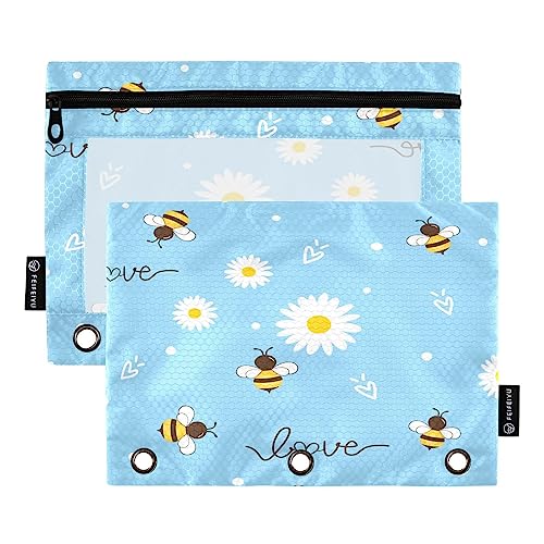 Quteprint Federmäppchen mit Gänseblümchen-Motiv, Bienen, Liebe, für 3-Ringbinder, 2 Stück, Reißverschluss, Federmäppchen mit transparentem Fenster, Federmäppchen, Ordnertaschen, Organizer für Büro, von Quteprint