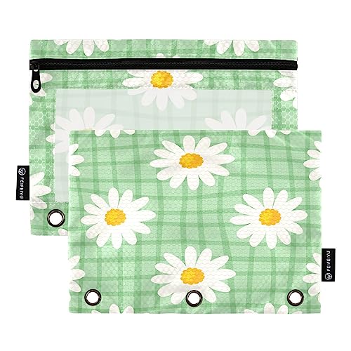 Quteprint Federmäppchen mit Gänseblümchen-Motiv, Grün, Bufflo-Federmäppchen für 3-Ringbinder, 2 Stück mit Reißverschluss und transparentem Fenster, Federmäppchen, Ordnertaschen, Organizer für Büro, von Quteprint