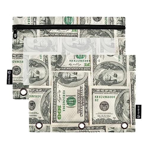 Quteprint Federmäppchen mit Geld-Dollar-Muster, für 3-Ringordner, 2 Stück Reißverschluss-Federmäppchen mit transparentem Fenster, Federmäppchen, Ordnertaschen, Organizer-Tasche für Büro, Zuhause, von Quteprint