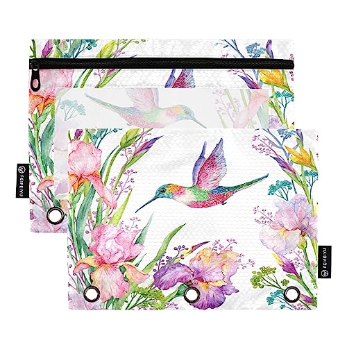 Quteprint Federmäppchen mit Kolibri und Blume, für 3-Ringordner, 2 Stück Reißverschluss-Federmäppchen mit transparentem Fenster, Federmäppchen, Ordnertaschen, Organizer-Tasche für Büro, Zuhause, von Quteprint