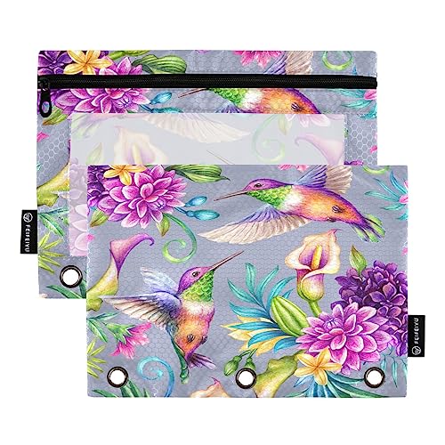 Quteprint Federmäppchen mit Kolibri und tropischen Blumen, Violett, für 3-Ringbinder, 2 Stück, Reißverschluss-Federmäppchen mit transparentem Fenster, Federmäppchen, Ordnertaschen, Organizer-Tasche von Quteprint