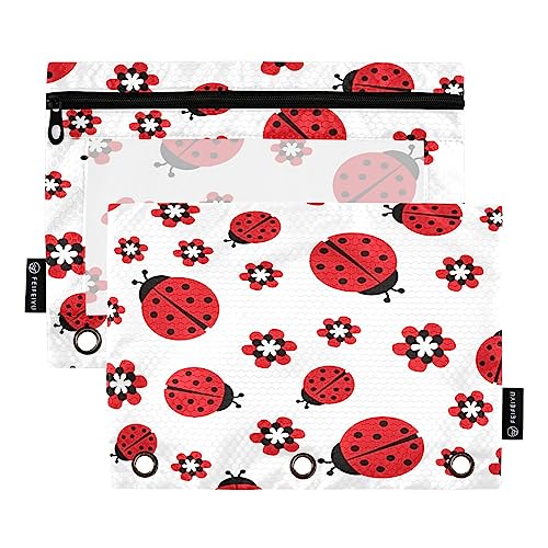 Quteprint Federmäppchen mit Marienkäfer-Blumenmuster für 3-Ringbinder, 2 Stück Reißverschluss-Federmäppchen mit transparentem Fenster, Federmäppchen, Ordnertaschen, Organizer-Tasche für Büro, Zuhause, von Quteprint