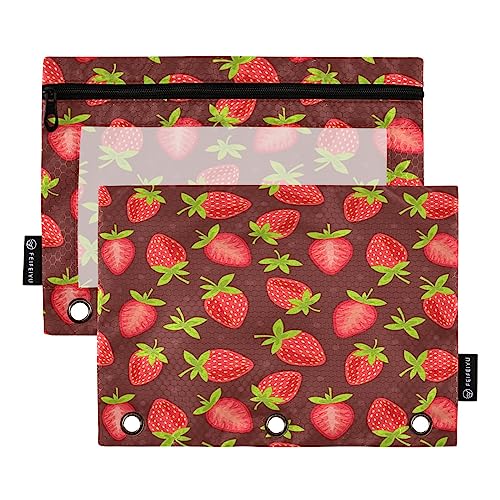 Quteprint Federmäppchen mit Obst-Erdbeer-Muster für 3-Ringordner, 2 Stück Reißverschluss-Federmäppchen mit transparentem Fenster, Federmäppchen, Ordnertaschen, Organizer-Tasche für Büro, Zuhause, von Quteprint