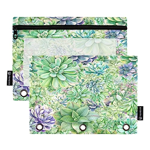 Quteprint Federmäppchen mit Pflanzenmotiv, Sukkulenten und Blumen, für 3-Ringbinder, 2 Stück, Reißverschluss, Federmäppchen mit transparentem Fenster, Federmäppchen, Ordnertaschen, Organizer für Büro, von Quteprint