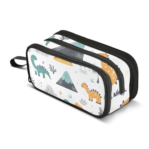 Quteprint Federmäppchen mit Reißverschluss, Cartoon-Dinosaurier, Dino-Palmen, großes Fassungsvermögen, strapazierfähiges Federmäppchen mit 3 Fächern, für Schule, Uni, Büro, Organizer für Studenten von Quteprint