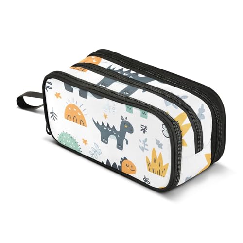 Quteprint Federmäppchen mit Reißverschluss, Dinosaurier-Muster, niedliches Cartoon-Design, großes Fassungsvermögen, langlebiges Federmäppchen mit 3 Fächern, für Schule, Uni, Büro, Organizer für von Quteprint