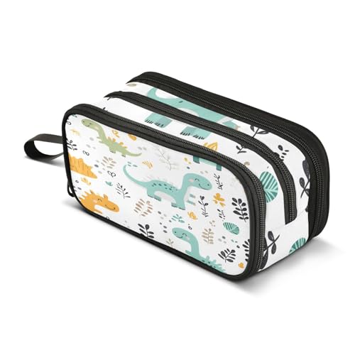 Quteprint Federmäppchen mit Reißverschluss, Dinosaurier-Muster, niedliches Tier, großes Fassungsvermögen, langlebiges Federmäppchen mit 3 Fächern, für Schule, Uni, Büro, Organizer für Studenten von Quteprint