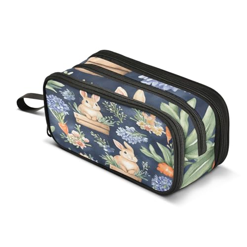 Quteprint Federmäppchen mit Reißverschluss, Garten, Blumenmuster, Osterhase, Karotten, großes Fassungsvermögen, langlebiges Federmäppchen mit 3 Fächern, Schule, Uni, Büro, Organizer für Studenten von Quteprint