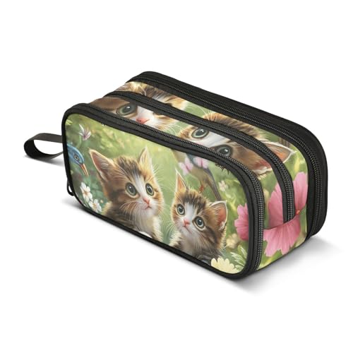 Quteprint Federmäppchen mit Reißverschluss, Garten, Katzen, Schmetterling, Blumen, Vogel, große Kapazität, langlebig, Federmäppchen mit 3 Fächern, Schule, Uni, Büro, Organizer für Studenten, Teenager von Quteprint
