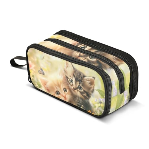 Quteprint Federmäppchen mit Reißverschluss, Garten, niedliche Katzen, Schmetterling, Blumen, großes Fassungsvermögen, langlebiges Federmäppchen mit 3 Fächern, Schule, Uni, Büro, Organizer für von Quteprint