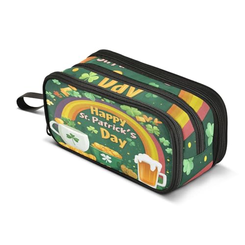 Quteprint Federmäppchen mit Reißverschluss, St. Patricks, Regenbogen-Kleeblatt-Münzen, großes Fassungsvermögen, strapazierfähiges Federmäppchen mit 3 Fächern, für Schule, Uni, Büro, Organizer für von Quteprint