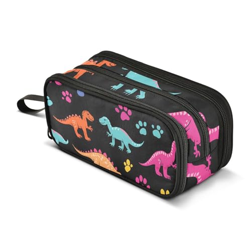 Quteprint Federmäppchen mit Reißverschluss, buntes Dinosaurier-Potenabdruck, großes Fassungsvermögen, strapazierfähiges Federmäppchen mit 3 Fächern, für Schule, Uni, Büro, Organizer für Studenten von Quteprint
