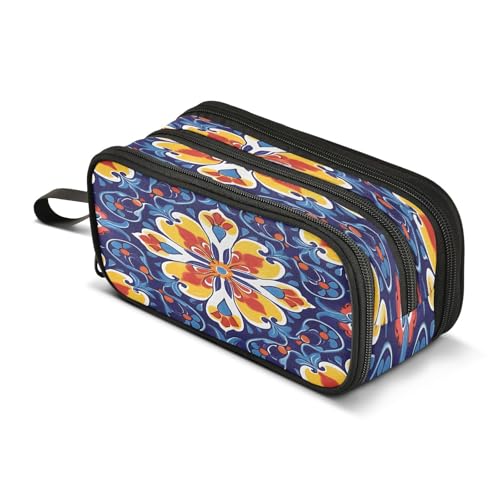 Quteprint Federmäppchen mit Reißverschluss, buntes mexikanisches Talavera-Mandala, großes Fassungsvermögen, strapazierfähiges Federmäppchen mit 3 Fächern, für Schule, Uni, Büro, Organizer für von Quteprint