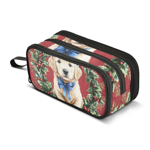 Quteprint Federmäppchen mit Reißverschluss, niedlicher Hund, Welpe, Weihnachten, großes Fassungsvermögen, langlebiges Federmäppchen mit 3 Fächern, für Schule, Uni, Büro, Organizer für Studenten von Quteprint