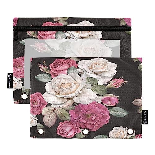 Quteprint Federmäppchen mit Rosenblüten-Kunst, für 3-Ringordner, 2 Stück, Reißverschluss, Federmäppchen mit transparentem Fenster, Federmäppchen, Ordnertaschen, Organizer-Tasche für Büro, Zuhause, von Quteprint