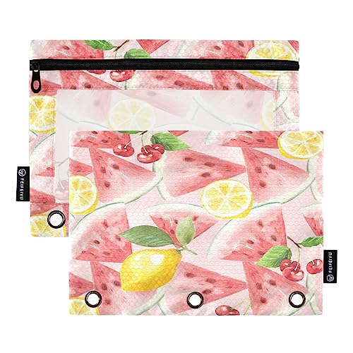 Quteprint Federmäppchen mit Wassermelonen-Zitronen-Kirsch-Fruchtmuster für 3-Ringbinder, 2 Stück Reißverschluss-Federmäppchen mit transparentem Fenster, Federmäppchen, Ordnertaschen, Organizer-Tasche von Quteprint