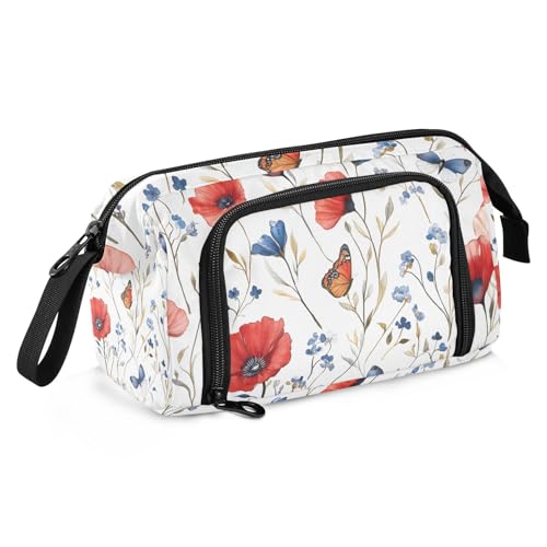 Quteprint Federmäppchen mit großem Fassungsvermögen, Garten, Blume, Mohnblume, Schmetterling, tragbares Federmäppchen mit Reißverschluss, für Büro, Schule, Schreibwaren, Stiftebox für Teenager von Quteprint