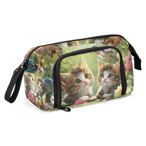Quteprint Federmäppchen mit großem Fassungsvermögen, Garten, Katzen, Schmetterling, Blumen, Vogel, tragbares Federmäppchen mit Reißverschluss, Büro, Schule, Schreibwaren, Stiftebox Halter für Teenager von Quteprint