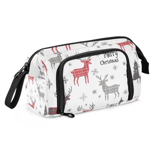 Quteprint Federmäppchen mit großem Fassungsvermögen, Motiv: Frohe Weihnachten, kariertes Hirsch, tragbares Federmäppchen mit Reißverschluss, für Büro, Schule, Schreibwaren, Stiftebox für Teenager von Quteprint