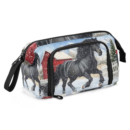 Quteprint Federmäppchen mit großem Fassungsvermögen, Pferd, Winter, Weihnachten, Schnee, tragbares Federmäppchen mit Reißverschluss, für Büro, Schule, Schreibwaren, Stiftebox für Teenager, Mädchen von Quteprint