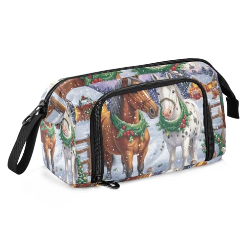 Quteprint Federmäppchen mit großem Fassungsvermögen, Winter, Weihnachten, Pferd, Kaninchen, tragbares Federmäppchen mit Reißverschluss, für Büro, Schule, Schreibwaren, Stiftebox für Teenager, Mädchen von Quteprint